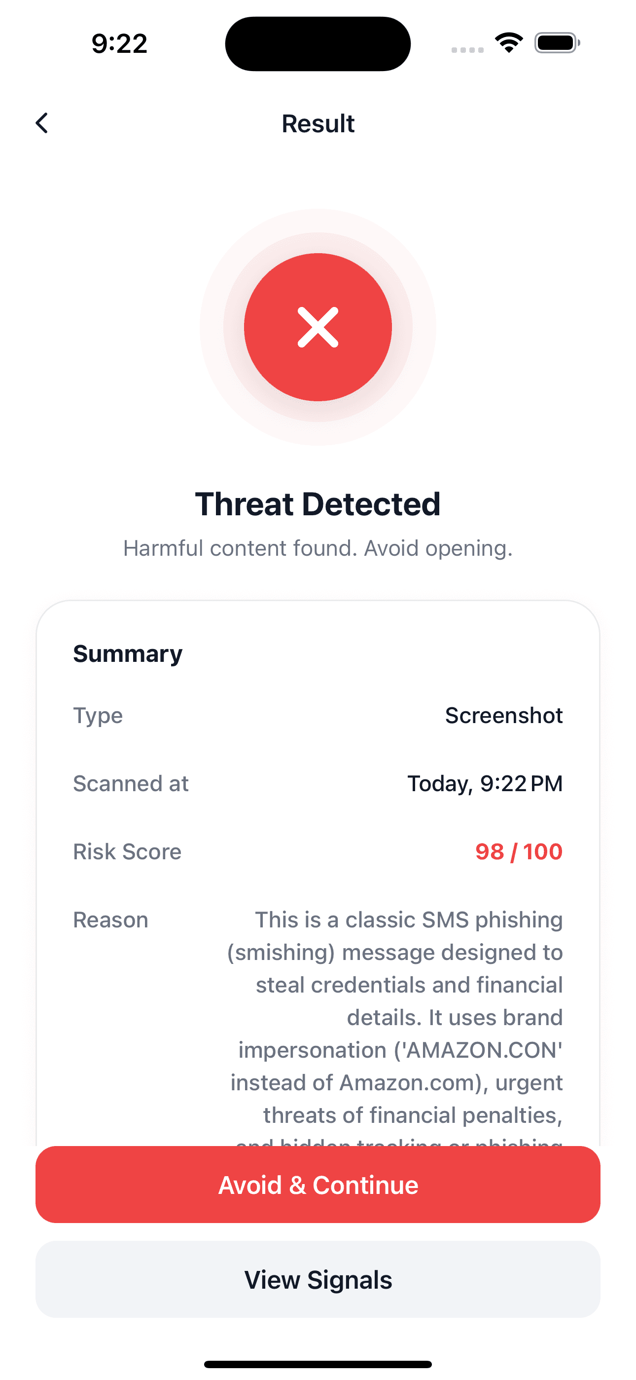 ScamLens scam detection result